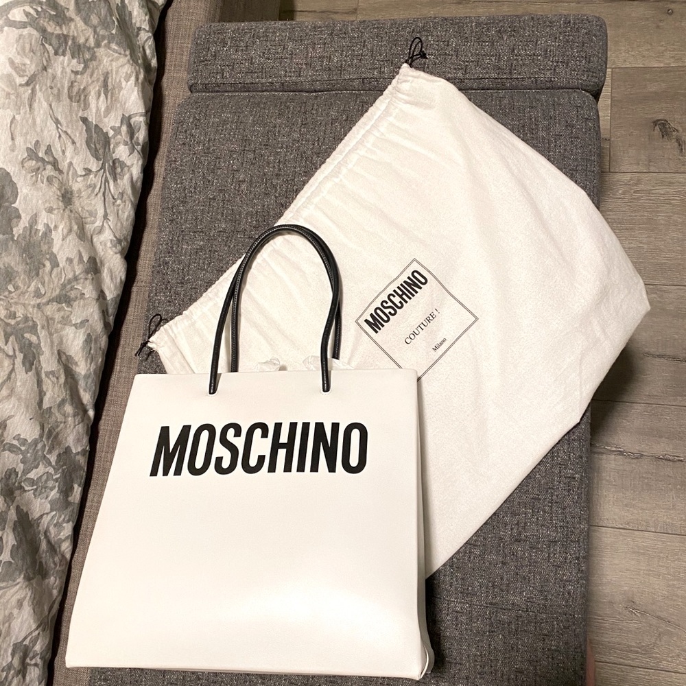 Moschino White Tote Bag with Black Handles and Logo